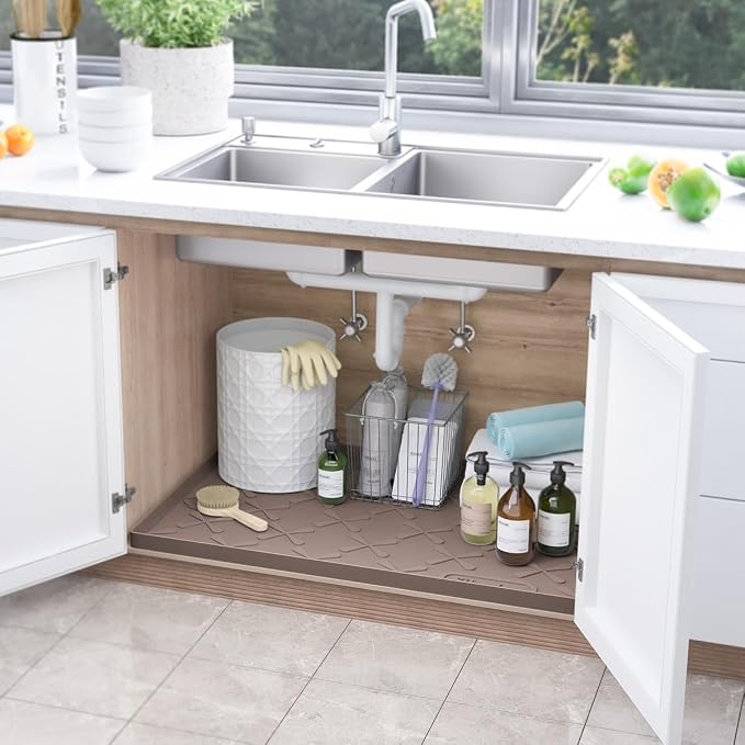 Waterproof Under Sink Mat Silicone 25"x19", Kitchen Cabinet Liner | BPA-Free Silicone Mat with Raised Lip Protects Cabinets from Leaks, Versatile Home Organizer for Bathroom, Pets, Boots, Floor
