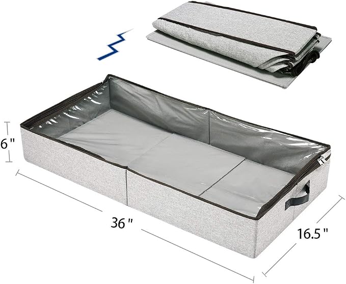 HOONEX Under Bed Storage Containers Zippered Clear Top Lid, Outer Linen Fabric, Reinforced Frame and Sturdy Bottom, 2 Leather Carrying Handles, 2 Pack, Grey