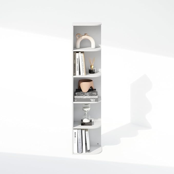 Furinno Reed Corner Shelf, 5-Tier Corner Bookshelf, Book Shelf, Corner Shelves, Storage Rack, for Organization and Storage, Home Office, Living Room, White
