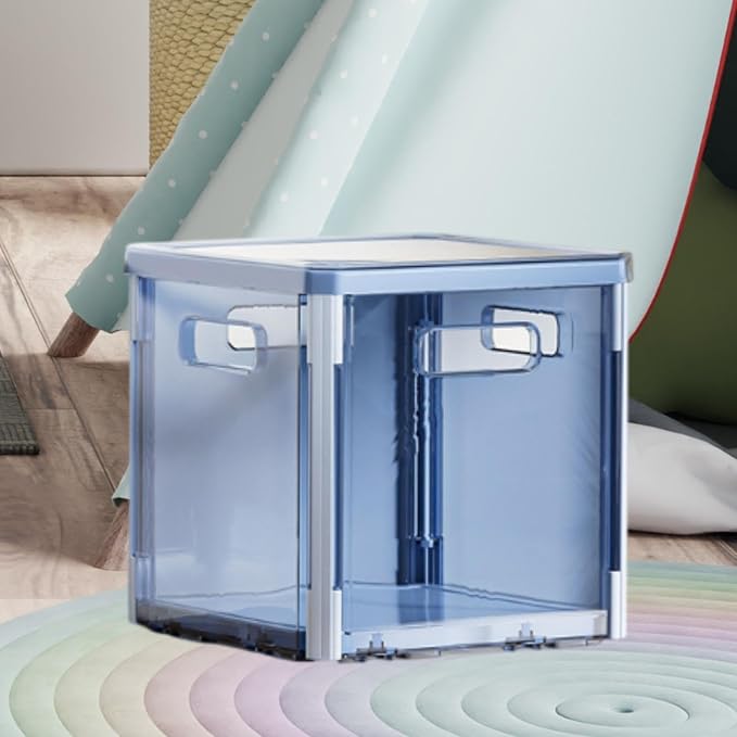Foldable Storage Box Stackable Organizer Bin Container with Lid and Handles Portable Lightweight Dustproof PET Suitable for Clothing Bedding Books, Blue