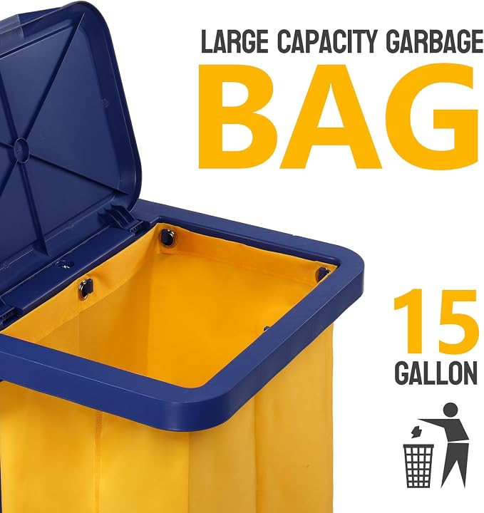 TUFFIOM Commercial Traditional Cleaning 3-Shelf Janitorial Cart, 500 Lbs Capacity Housekeeping Cart, Wheeled with Yellow VinylBag and Cover w Lid, Blue,