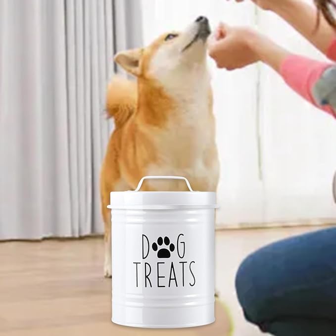 Sealed Storage Container Dog Food Organizer Pet Treat Storage Bin Airtight Metal Jar Rubber Seal Smooth Handle Compact Wide Opening Suitable for, White