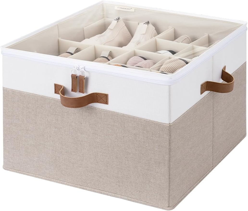 StorageWorks 16-Pair Fabric Shoe Storage Box for Closet, Brown and White | Adjustable Dividers, Holds up to 16 Pairs, Foldable, Clear Lid, Soft Handles, Fits Sneakers, Sandals & Flats, For Mudroom