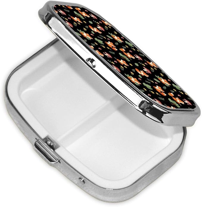 Pocket Pill Box Compact Metal Vitamin Organizer Leak-Proof Design Men Women Commute Essentials, Red Mushroom Green Leaves Flowers Floral Fox Black