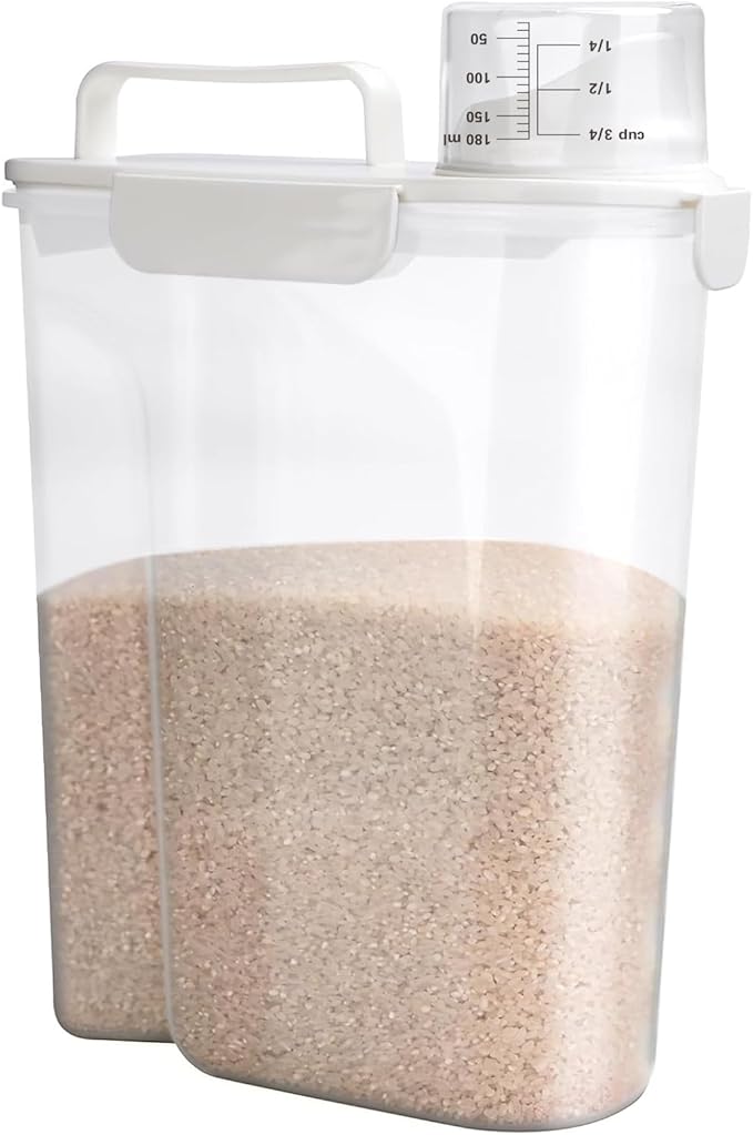Viretec Rice Storage Container, 5 to 10lb Dry Food Airtight Dispenser, Pet Dog Cat Food Canister, BPA Free Clear Plastic Kitchen and Pantry Organization Bin for Oatmeal, Cereal, Pasta, Flour White