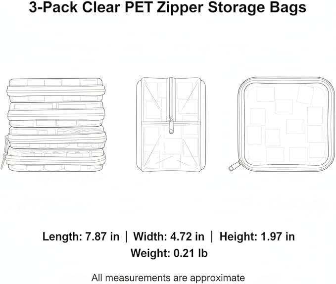 3-Pack Clear PET Zipper Storage Bags, White Organizer Pouches for Closet, Under-Bed & Drawer Organization (Small, Medium, Large)
