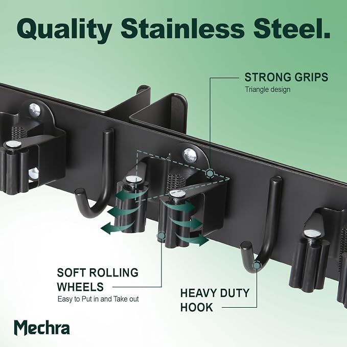 Over The Door Broom and Mop Holder, Heavy Duty Stainless Steel Organizer with 4 Slots and 3 Hooks, No Drilling Space Saving Tool Hanger for Kitchen, Laundry Room, Closet, and Garage - Black