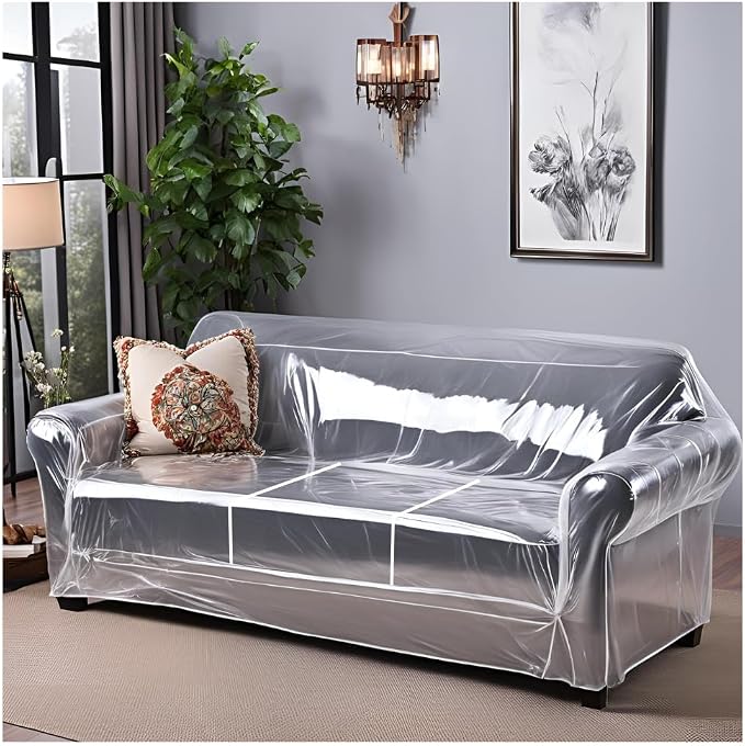Evelots Clear Vinyl Couch Cover, Waterproof 3-Seat Sofa Protector | Heavy-duty vinyl protects 3-seat sofas from pet claws, stains, dust and spills; ideal for everyday use, moving and storage.