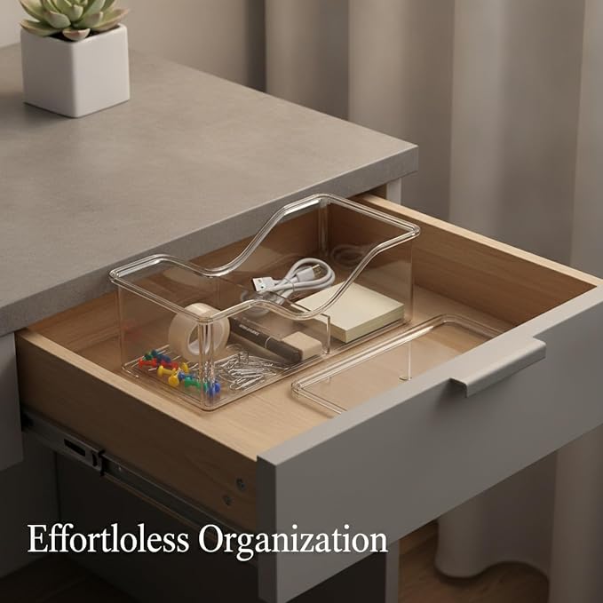 Divided Storage Box with Lid, PET Plastic Organizer for Desktop Drawers, Clear Compartments for Office Supplies Craft Jewelry (1 PC)
