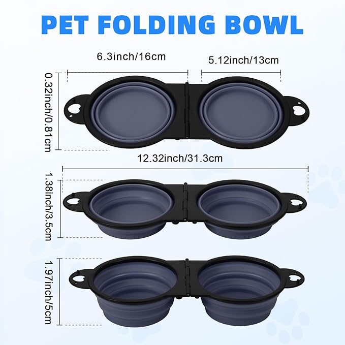 Collapsible Dog Dual Bowls, 2-in-1 with Locking Clip for More Stability 180 Degree Flip Portable Dog Travel Bowl for Water and Food Pet Food Drinker (Dark Blue)