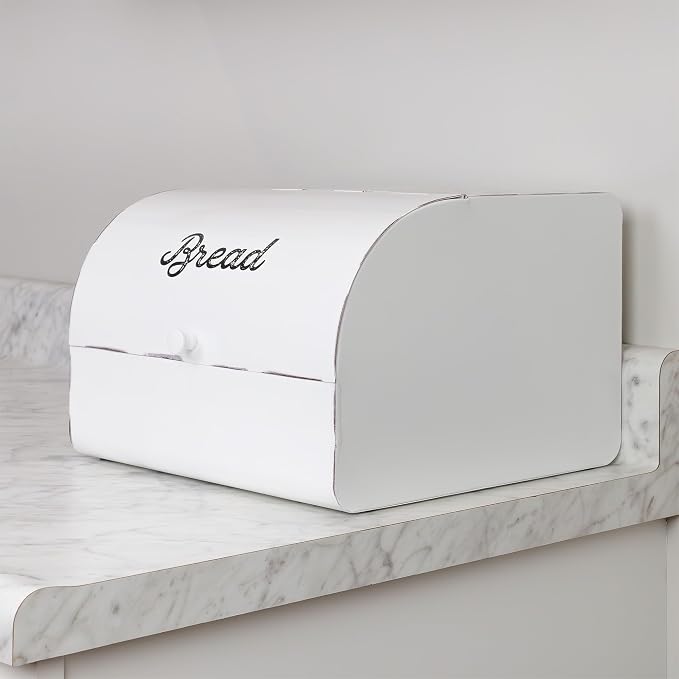 AuldHome Design Large White Bread Box; Farmhouse Enamelware Vintage Style Family Size Countertop Bread Bin