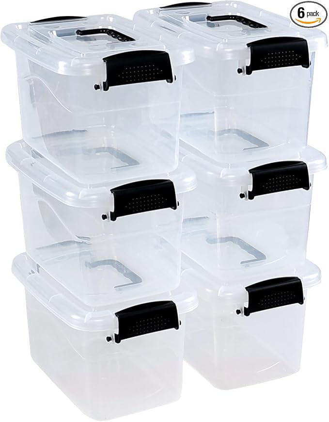 6 Quart Plastic Clear Storage Latching Box with Handle, 6 Packs | Plastic Latch Tote Bin Container with Lids