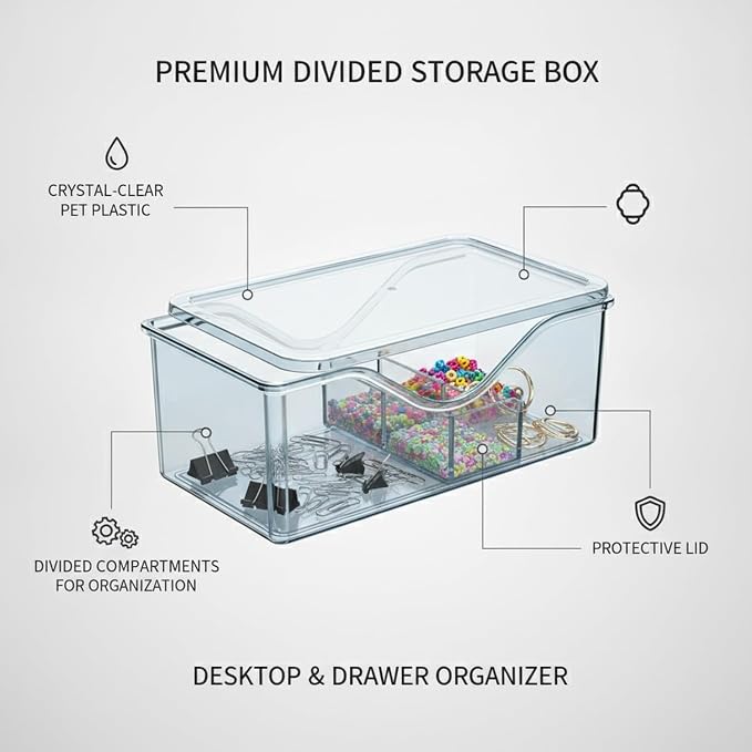 Divided Storage Box with Lid, PET Plastic Organizer for Desktop Drawers, Clear Compartments for Office Supplies Craft Jewelry (1 PC)