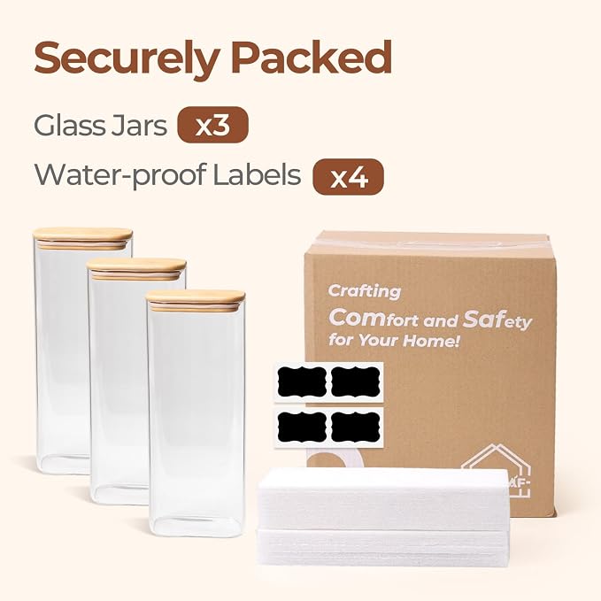 ComSaf Pasta Containers Storage 2.2 Qt, Set of 3 Tall Glass Spaghetti Jar | Rectangle Kitchen Canisters, 11.3-Inch Tall Jars,Pantry Organizers, Dry Food Storage Containers, Flour, Cereal,Oat, BPA Free