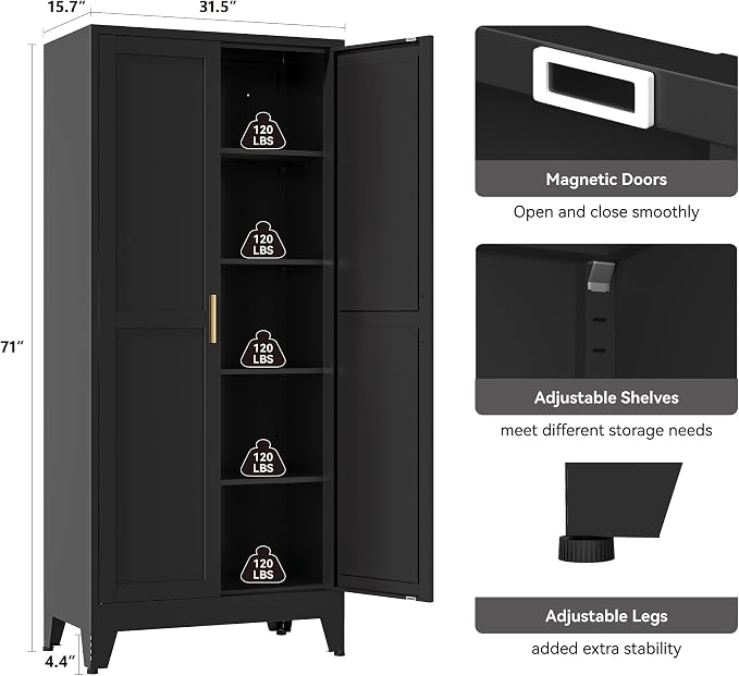 YAUWOH 71''Metal Cabinet with 4 Adjustable Shelves,5-Tier Pantry Storage Cabinet,Kitchen Pantry Cabinet for Living Room,Dining Room, (1PC,Black)