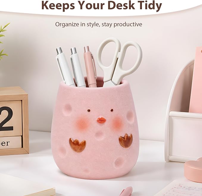 Ceramic Chicken Shaped Pen Pencil Holder for Desk Decoration Accessories Chicken Decor Makeup Brush Pen Cups Succulent Plant Pot Office School Ideal Gifts for Women, Mom or Birthdays (pink)