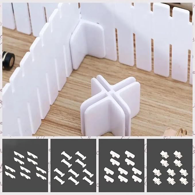 22 Pack Drawer Divider Clips Holder Plastic Mount Fixing Buckle Corner Angle Cross Connector Ends for Drawer Organizer Partition Grid Plates Separators Rail Box Installation (4 Types)