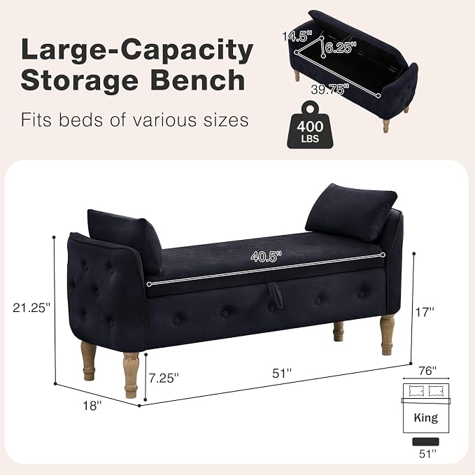 End of Bed Storage Bench Queen Size,51'' Upholstered Bedroom Bench,Black | Linen Storage Bench for Bedroom End of Bed ,2 Cushion, Vintage Wood Legs ,Tufted,Storage Ottoman Bench for Entryway Window