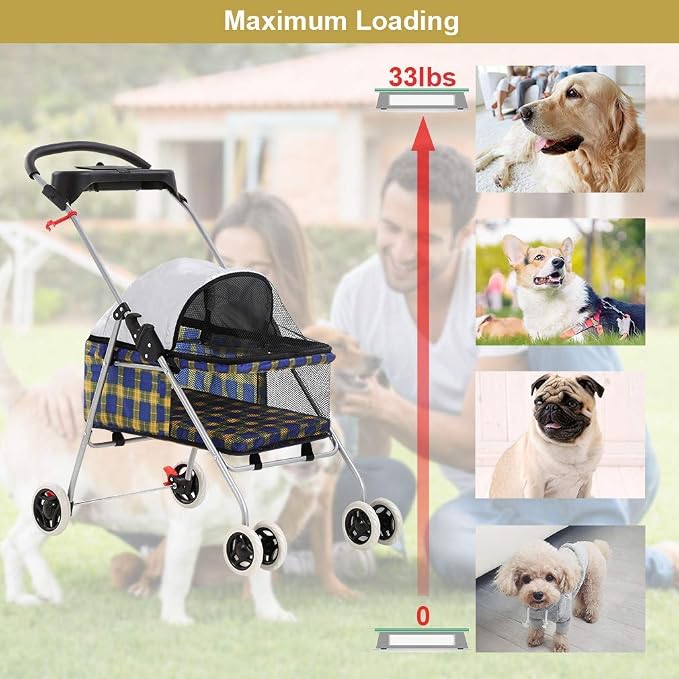HGS Pet Cat Dog Stroller 4 Wheels Jogger Puppy Travel Carrier Portable Doggie Cage Strolling Cart with Cup Holders, 35Lbs Capacity Folding Waterproof for Medium Dogs Cats Pet, Yellow Plaid