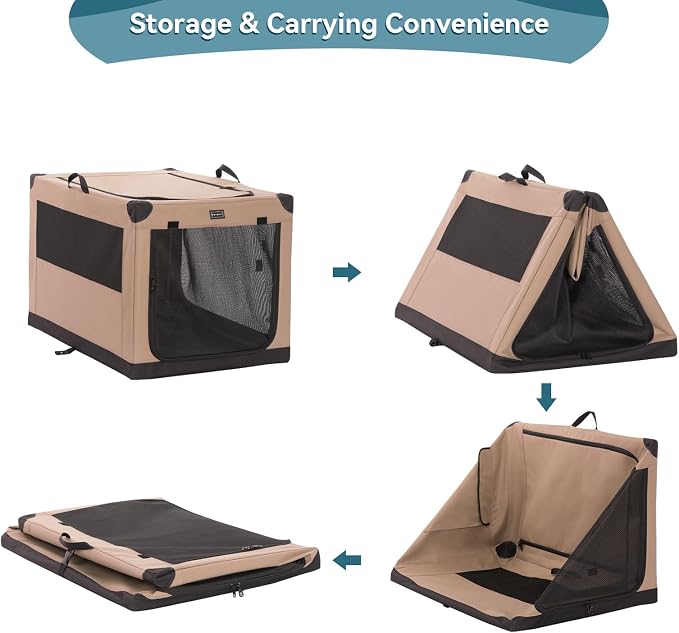 PETSFIT 30" Soft Portable Dog Crate – Patented Spiral Sturdy Frame, Collapsible Travel Kennel for Medium & Large Dogs, 3 Mesh Door, Lockable Zippers, Indoor & Car Use Khaki
