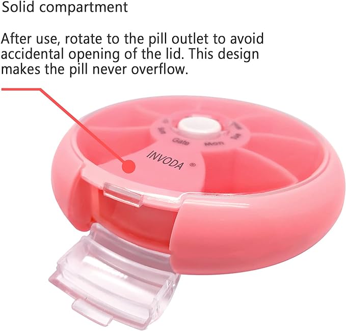 INVODA Weekly Pill Organizer 7 Compartment Rotating Pill Box for Daily | Cute Round Pill Organizer Fit purse pocket or backpack Portable Travel Pill Case for Fish Oil Supplements Vitamins Medication