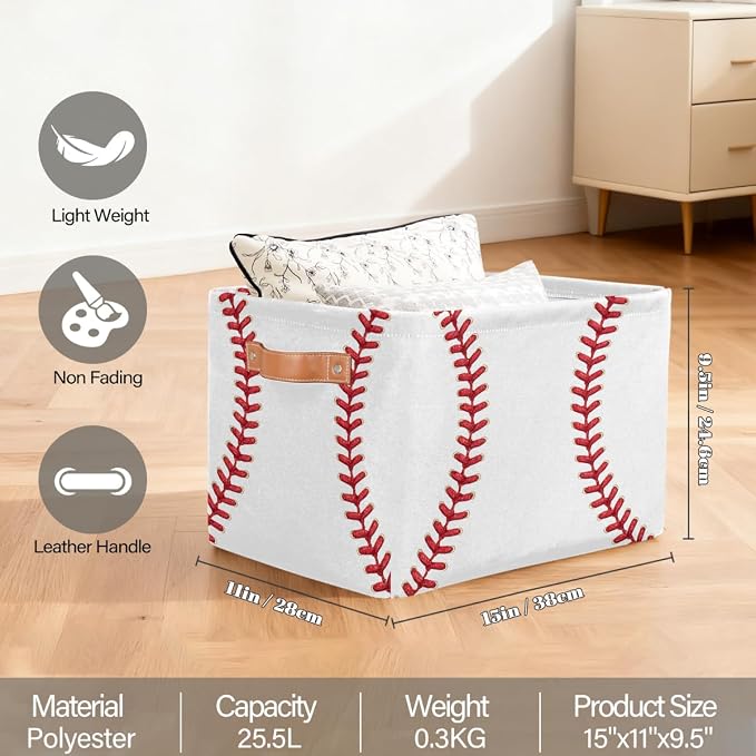 Pardick Storage Baskets Bin, White Baseball Collapsible Canvas Fabric Storage Bin Decorative Baskets Toy Organizer Rectangle Storage Boxes with handles for Home Shelves Nursery,A-2