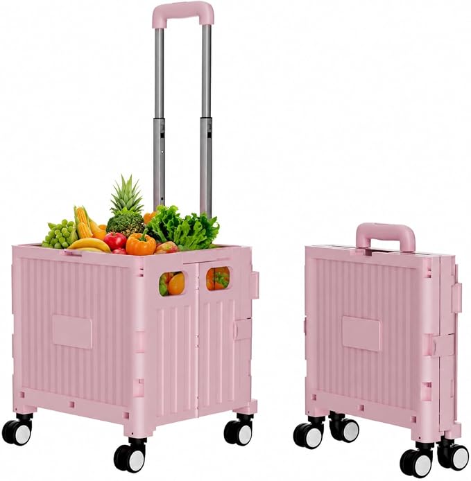 Foldable Shopping Cart with Wheels: Pink Rolling Utility Crate | Adjustable Handle, All-Terrain Wheels, Multipurpose Grocery Trolley for Teacher, Market, Office, Luggage, Laundry, Garden