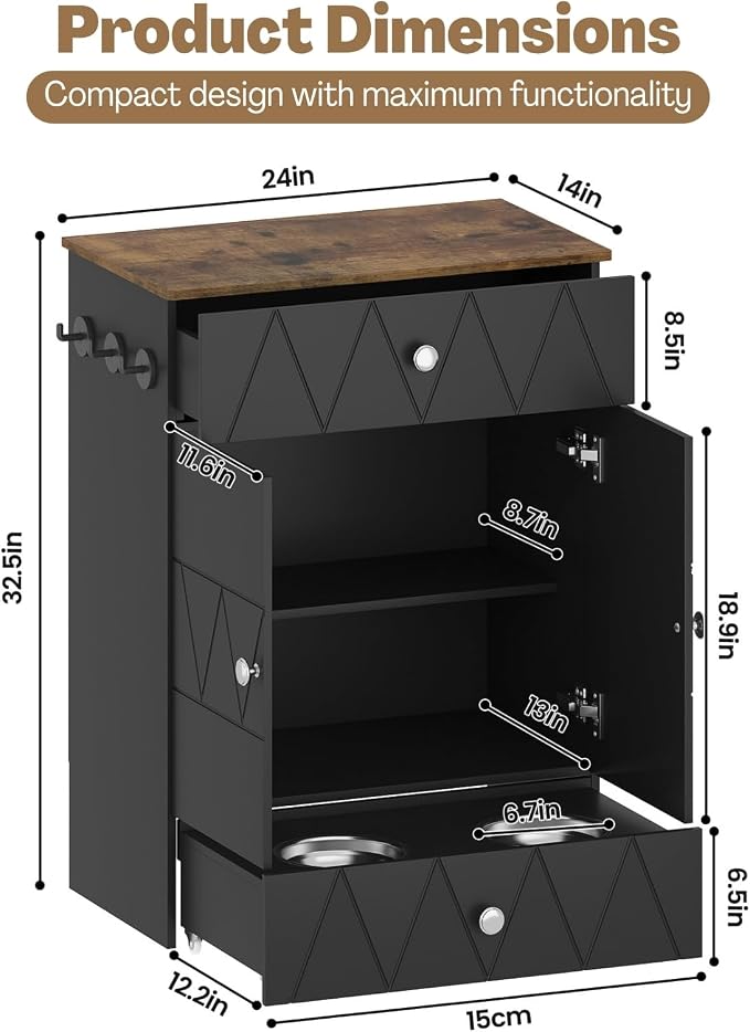 Dog Feeding Station with Storage Cabinet, Hidden Pull-Out Elevated Dog Bowls, Stainless Steel Feeding Drawer, Adjustable Shelves & Hooks, Modern Pet Food Storage Organizer for Dogs (Black)