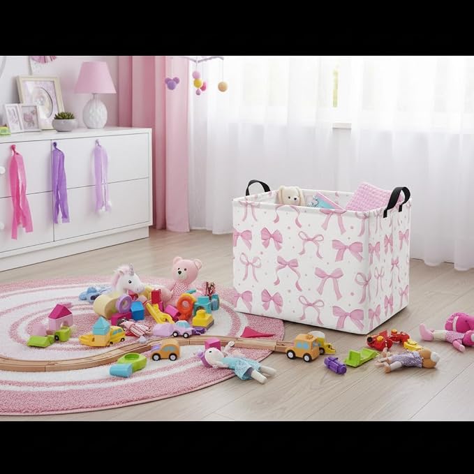 Rectangular Kids Basket Baby Girl Basket Fabric Storage Bin Organizer Box Room Decor(Dreamy Bowknot)