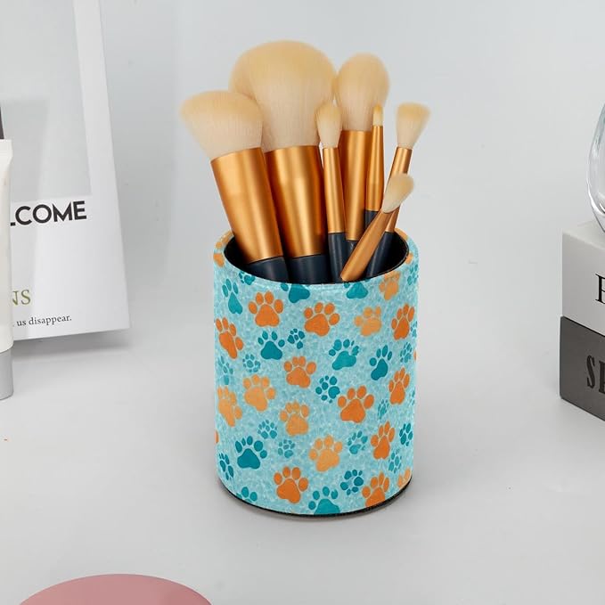 Faux Leather Pen Holder for Desk, Pencil Organizer Pet Paws Pen Cup Desk Decor Makeup Brush Holder Storage for Office Home