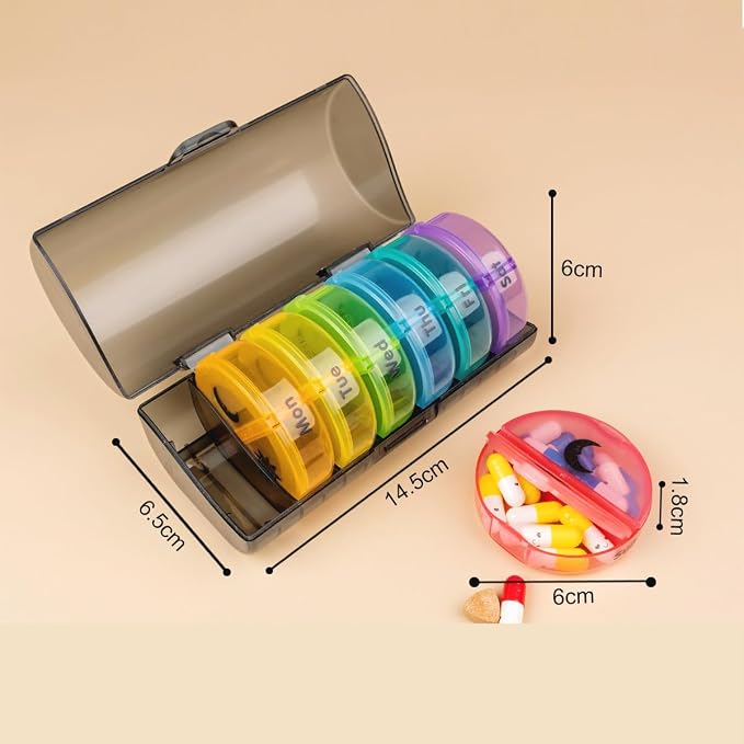 Weekly Pill Case Organizer, Twice a Day, AM PM Vitamin Reminder | Colorful 14 Compartments with Box, Portable Travel Daily Medicine Dispenser Planner for Supplement, Fish Oil, Capsule