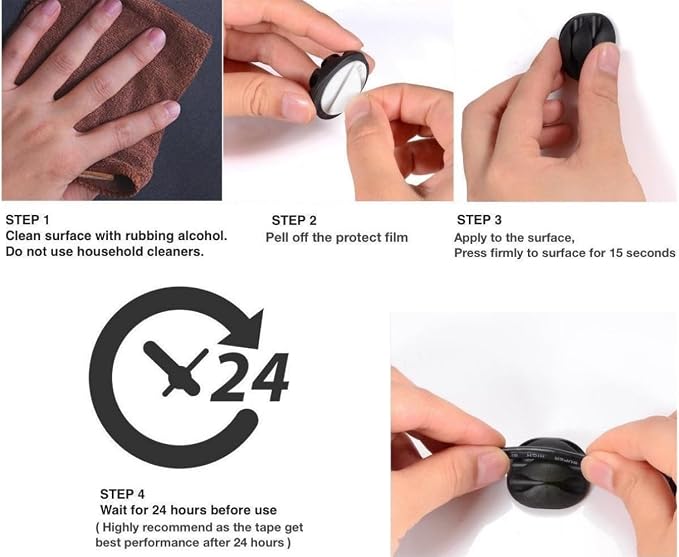 Desk Cable Management Cord Organizer, 24 Pack Black Self Adhesive Cord Holder Cable Clips, Ideal Cable Organizer Wire Keeper for Desk, Nightstand, Phone Charger, Computer, Home, Office, Car