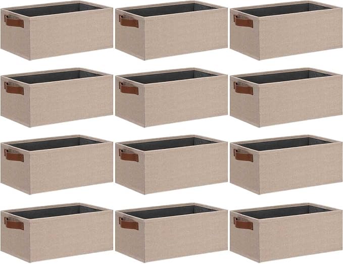 GhvyenntteS Small Fabric Storage Bins 12 Pack, 11.8" x 7.87" x 5.11" Storage Basket with Leather Handles, Closet Storage Bins for Shelves, Storage Baskets for Shelves, DVD Storage (Beige Yellow)