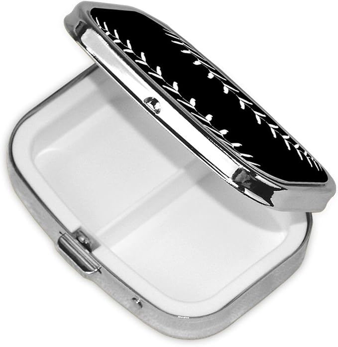 Pill Case Black Baseball Sport Softball American Pill Box with Mirror 2 Compartment Small Pill Case for Purse or Pocket Rectangular Pill Box or Vitamins, Fish Oil, Supplements