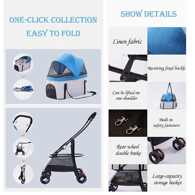 Pet Stroller Dog Stroller Foldable 3-in-1 Travel Cat Carriers & Strollers 4 Wheels Puppy Stroller with Storage Basket Portable Dog Stroller (Color : Blue)