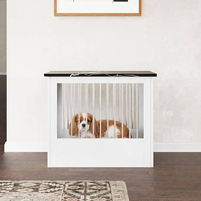 30" Wooden Dog Crate Furniture,Medium Kennel Pet Cage End Table for Indoor | for Small Medium Dogs, White and Black, Fits Living Room Bedroom, Heavy Duty Steel Frame with Lock 45 lbs Cap, 100 lbs Top.
