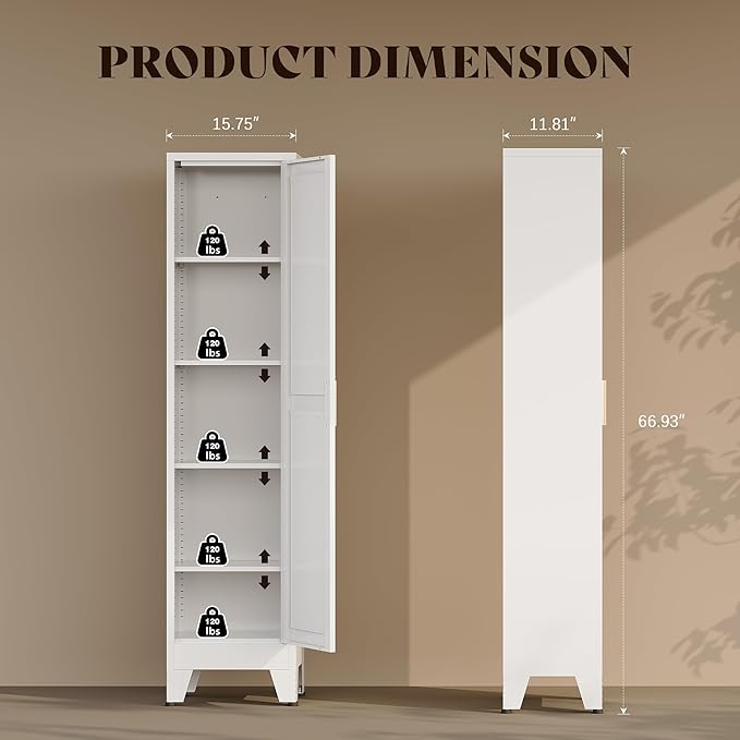 67" H Broom Closet Storage Cabinet,Metal Cleaning Cabinet,Narrow Storage Cabinets with 4 Adjustable Shelves,Slim Tall Floor Cabinet