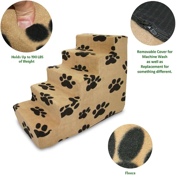 Best Pet Supplies Dog Stairs & Steps - Foam Steps for Small Dogs & Cats, Non-Slip Indoor Balanced Pet Step Support, Dog Ramp, No Assembly, Paw Print on Beige, 5-Step (22.5-inch Height)