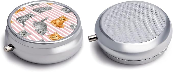 Pocket Pill Dispenser, Pink Stripes Cute Cat Round Metal Case, Travel Organizer for Medicine, Waterproof Pill Box Purse Use for Road Trips