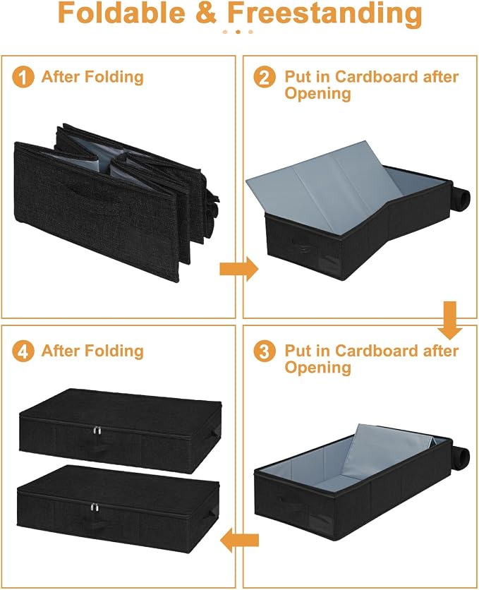 punemi 6.7 in Sturdy Under Bed Clothes Storage Container, 2Pack, Black | Sturdy Ultra-Thick Fabric, with Zipper Lid & 3 Handles, Foldable Design, for Clothes, Blanket & Shoe Storage