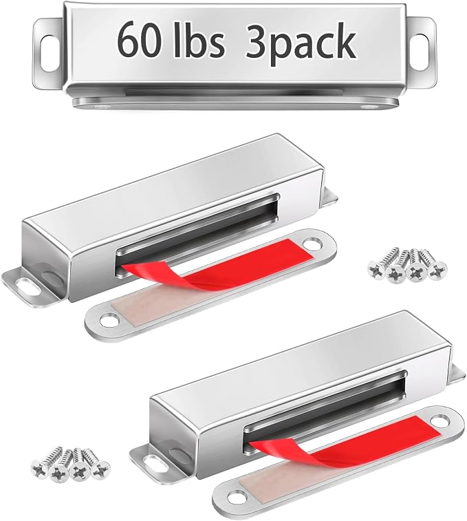 Strong Cabinet Magnets for Closure 60 lbs 3 Pack - Hold Warped Doors Tight | Magnetic Door Catches/Latches Stainless Steel for Cupboard Closet Drawer Window - No Measure or Mark Install in 5 Mins