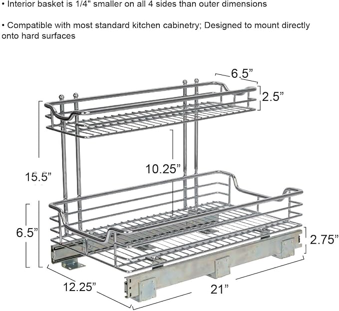 Household Essentials Glidez 2‑Tier Large Multipurpose Chrome‑Plated Steel Pull‑Out/Slide‑Out Under Sink Organizer, Chrome Finish