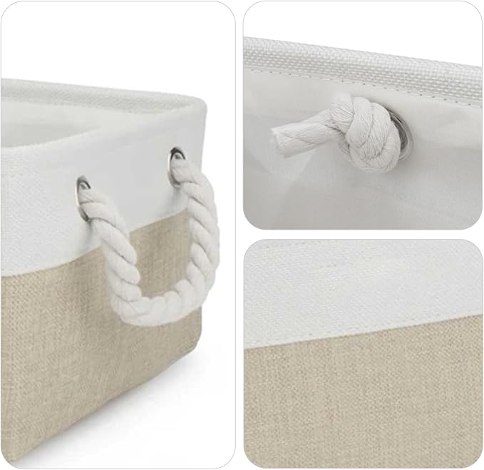 Pet Toy Storage Box Dog Toy Organizer Basket Personalized Large Capacity Collapsible Bin Two-Tone Linen Chest with Sturdy Handles for Living Room Pet Supplies Organizing (White Khaki L)