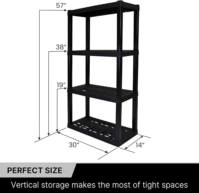 Oskar Heavy Duty Plastic Storage Shelves- for Garage, Kitchen, Bathroom Basement, Kids Room, Toys,Stackable 4-Tier Black, Organizer Rack for Books Shoes, Pantry, Cleaning and Closet Organization
