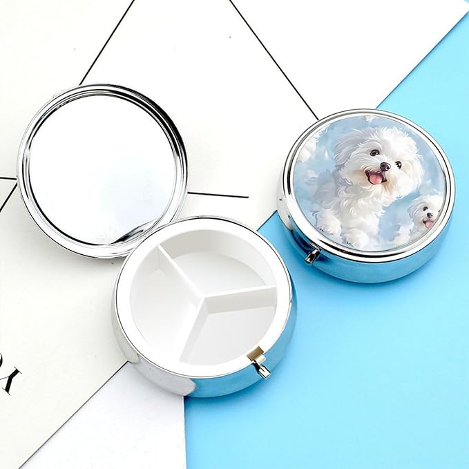 Cute White Dog Metal Pill Organizer with Mirror, 3-Compartment Travel Pill Box, 2-Inch Round Pocket Medicine Case with Secure Latch, Portable Vitamin Holder for Women & Men