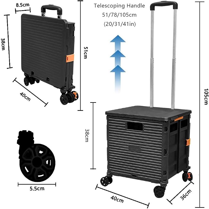 FELICON SELORSS Foldable Utility Cart Folding Portable Rolling Crate-Black | Durable,Heavy Duty,Plastic Box,Telescoping Handle,4 Rotate Wheels,Collapsible Handcart for Travel Shop Move Luggage Office