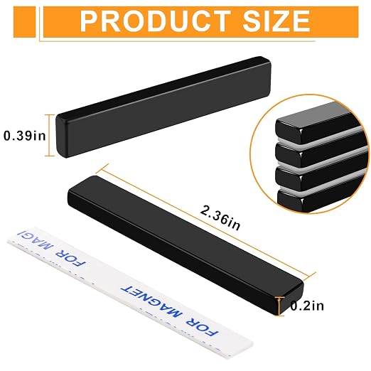 30 Pack Neodymium Bar Magnets with Adhesive Backing 60x10x5mm Black | Fridge Magnetic Strips Refrigerator Blocks Crafts Extra Super Sticky Bar for Science Experiments Classroom Craft Office