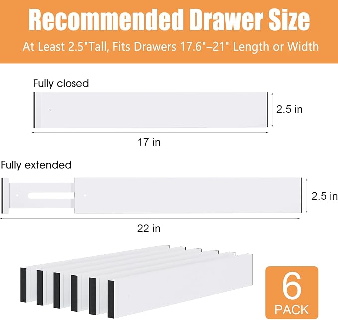 Bamboo Drawer Dividers, Adjustable Drawer Organizers, Fits 17.6–21" Drawers | 2.5" High, 6 Pack Expandable Drawer Separators for Kitchen, Nursery, Dressers & Office Storage, White