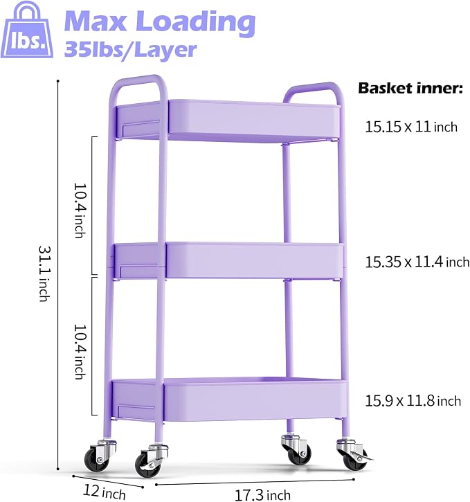 TOOLF 3 Tier Metal Rolling Cart, Utility Storage Cart with Wheels, Purple | Screwless Assembly, Lockable Metal Wheels, Trolley Organizer for Bathroom, Kitchen, Office, Dorm, Laundry, Craft Room