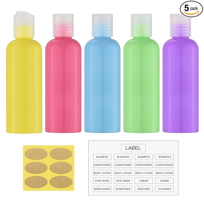 Travel Bottles for Toiletries, 3.4 oz Travel Size Containers, 5pcs, 5Color | Squeezable empty plastic bottles, TSA approved, leak proof, with labels, for liquids & shampoo lotion, gym essentials